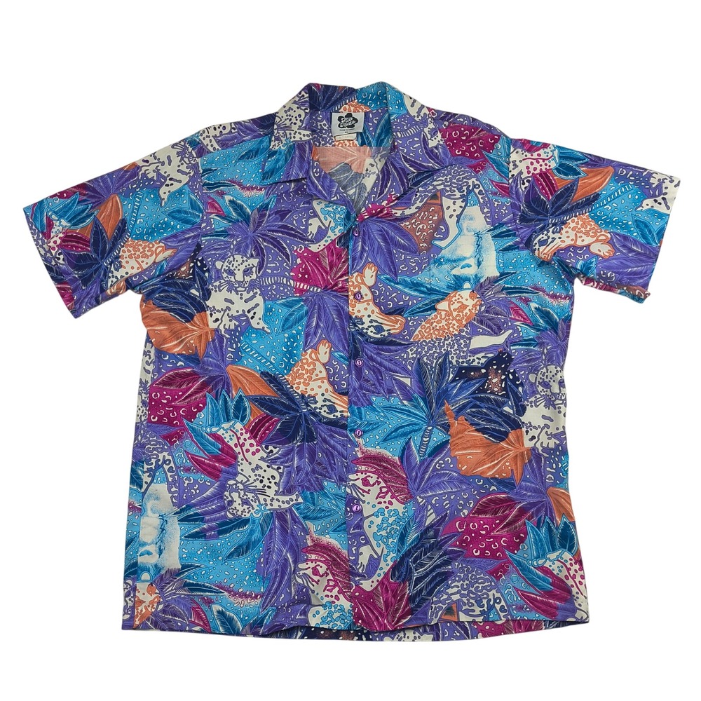 Hilo Hattie Mens XL Hawaiian Shirt Purple Leopard Jungle Print Hawaii 559